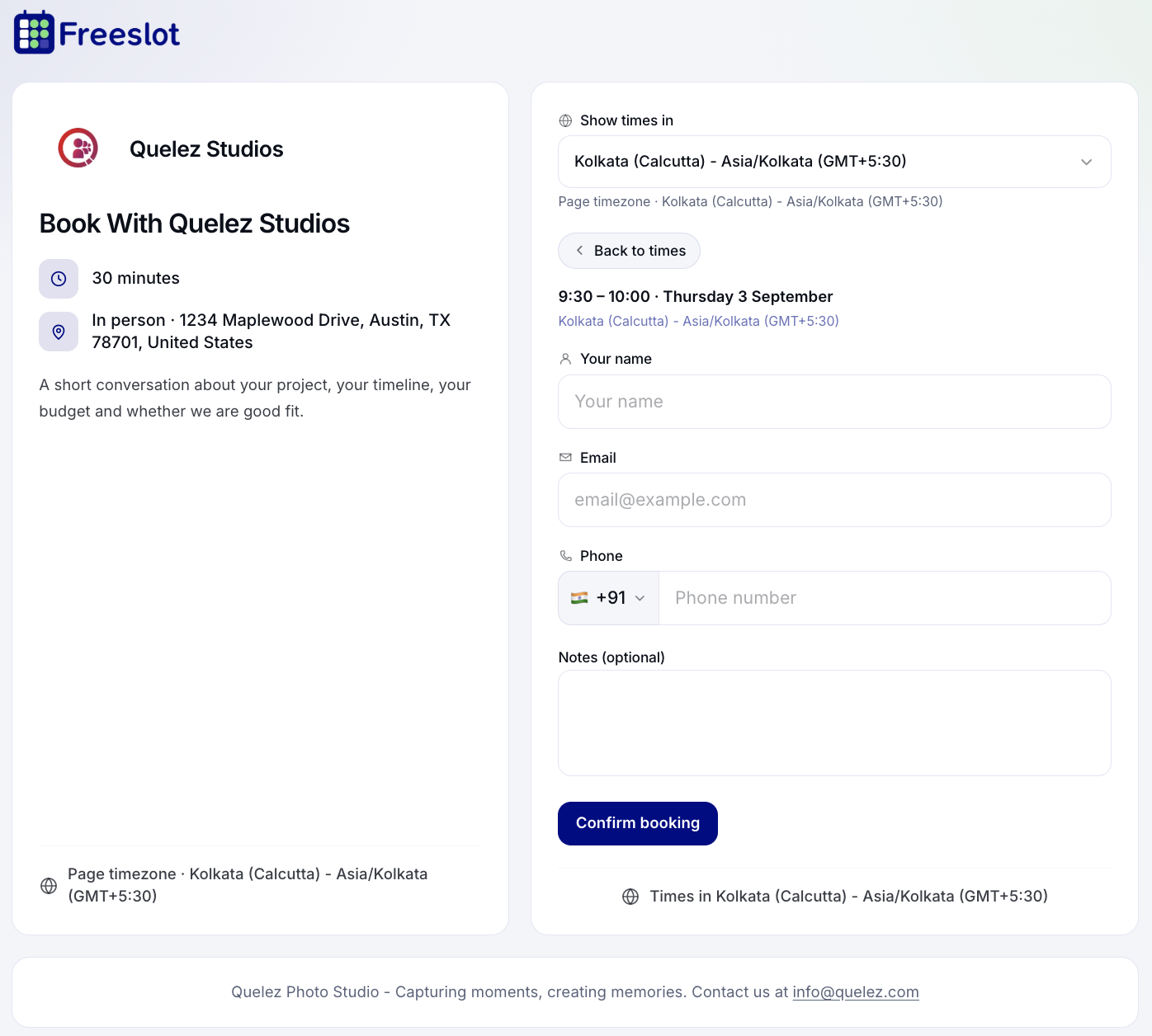 Personal booking page on Freeslot